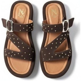 Resim Ne&ve Shoes Kahve Süet Hakiki Deri Pimli Çapraz Bantlı Kadın Kalın Kaplama Tabanlı Sandalet Terlik Kahverengi 