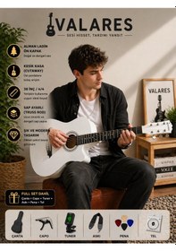 Resim Valares 38c Kesik Kasa Beyaz Akustik Gitar 38 İnç 4/4 Yetişkin Üst Segment Çanta Capo Askı Pena 