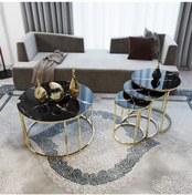 Resim KASGER Siyah Mermer Desen Cam Gold Metal Zigon Sehpa Takımı 