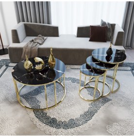 Resim KASGER Siyah Mermer Desen Cam Gold Metal Zigon Sehpa Takımı 