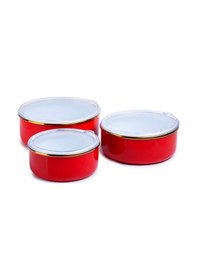 Resim Bonera Üçlü Emaye Saklama Kabı Kırmızı Renkli Beyaz 