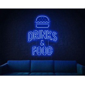 Resim Drınks & Food Yazılı Hamburger Figürlü Neon Tabela Mavi 