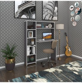 Resim Kenzlife Bilgisayar Çalışma Masası Prost Gri 140 100 20 Kitaplık Solda Ofis Sekreter Laptop 