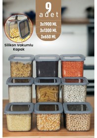 Resim Silikon Kapaklı Erzak Bakliyat Saklama Kabı Kare Saklama Kutusu Seti 9 Adet 1900-1300-650 ML 