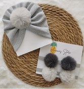 Resim Kız Bebek Gri Bone Ve Peluş Ponpon Bandana Seti 