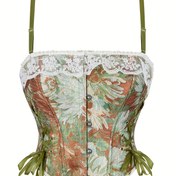 Resim Kadınlar için Dantel Detaylı ve Kurdele Bağcıklı Çiçek Desenli Vintage Korse Üst - Polyester Korse Atlet Nefes Alabilir - Sadece Elde Yıkanabilir 