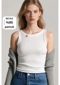 Resim Mrmpro Kadın Lacivert Fitilli Görünümlü Kalın Askılı Basic Atlet Body %95 Pamuk Beyaz 