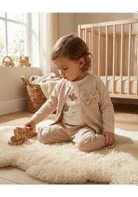 Resim Mutlu Bebe Bayramlık Kız Çocuk Hırkalı 3 Lü Takım Bej Taş Detaylı Hırka, Bluz Ve Pantolon Şık Çocuk Kombini Bej 