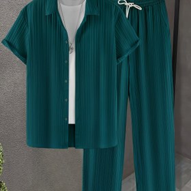 Resim Erkekler için Günlük 2 Parça Takım: Kısa Kollu Düğmeli Gömlek & İpli Pantolon - Nefes Alabilen Polyester, Makinede Yıkanabilir 
