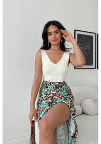 Resim Kadın Merdiven Yaka Crop Triko Bluz-bej 