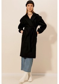 Resim Kaşe Kuşaklı Oversize Kaban Siyah 