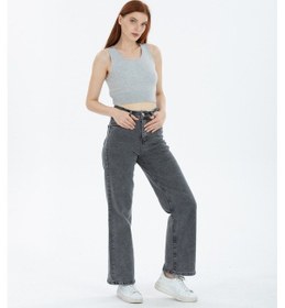 Resim 90's Kar Yıkama Kar Gri Likralı Süper Yüksek Bel Wide Leg Salaş Jeans Palazzo Kot Pantolon Gri 