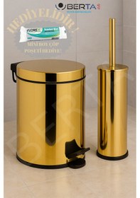 Resim Berta 2'li Beyaz Banyo Seti Çöp Kovası Tuvalet Fırçası - Mini Boy Çöp Poşeti Hediyelidir Altın 