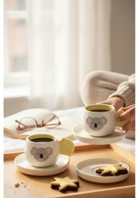 Resim 2 Kişilik Seramik Kahve Fincanı Kabartma Koala Figürlü Beyaz - Sarı 