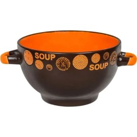 Resim Lidl-Jumbo Çorba Kasesi Seramik Kahverengi Turuncu-Krem-Kahve Rengi Kulplu Daireler 650ML 