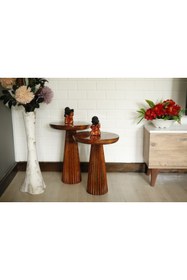Resim Simillo Home&Living Wood Wooden 2'li Set Fitilli Mantar Yan Sehpa Modern Koyu Ceviz Renk Fiskos 