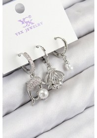 Resim Zarif Kadın İçin Silver Pirinç Zirkonlu Üçlü Yunuslu İstiridye Küpe Kahverengi 