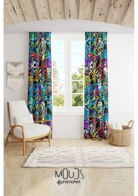 Resim Grafiti Desenli Fon Perde Genç Odası Oturma Odası Süet Baskılı Ekstrafor Büzgü 2 Kanat Prd-2006 Çok Renkli 