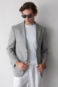 Resim Açık Füme 4 Drop Relaxed Fit Rahat Kesim Mono Yaka Desenli Klasik Keten Karışımlı Ceket - Relaxed Fit / Açık Füme / 50 