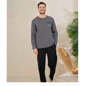 Resim Pijamoni Erkek Pamuklu Bisiklet Yaka Uzun Kol İnce Pijama Takımı 6150/10 - 1 Adet Füme 