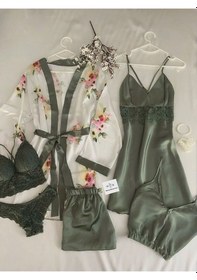 Resim Mh Moony Homewears Kutulu 6 Parça Saten Certsom Gecelik Pijama Iç Giyim Çeyiz Seti Yeşil 