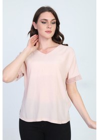 Resim Ella Camelia Kadın Kol Ucu Dantel Detaylı Bluz 19E021 Pudra 