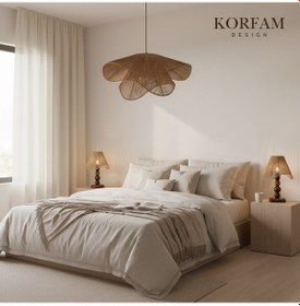 Resim Breeze Modeli Koyu Kahverengi Avize & Abajur Set - Hasır El Yapımı Bohem Avize 2'li Ahşap Ayaklı Rustik Abajur Set Çok Renkli 