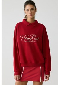 Resim Urban Beat Steffı Kadın Triko Polo Yaka Baskı Detaylı Relaxed Kırmızı Sweatshirt Kırmızı 