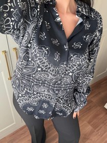 Resim Bandana desenli premium saten gömlek -Siyah - M 