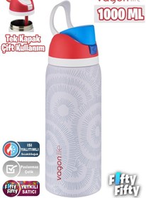 Resim Vagonlife 1000 Ml Tek Kapak Çift Kullanım Pipetli/pipetsiz Taşıma Kulplu Çelik Termos -ffvgn045ml1000desenli Beyaz 