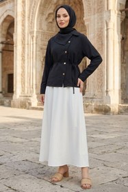Resim adamila Kadın Siyah Yaka Düğme Detaylı Belden Bağlamalı Şık ve Modern Tesettür Gömlek Tunik Yazlık 