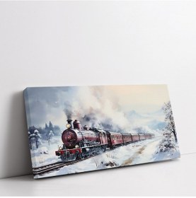 Resim Karlı Buharlı Tren Panoramik Yatay Kanvas Tablo 