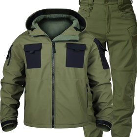 Resim Men's Heavy-Duty Outdoor 2-Piece Jacket & Pants set - Windproof Waterproof Workwear , Non-Stretch Fabric Shell for Hiking, Construction, Military - Machine Washable Cold-Weather Outfit in Olive Green/Black colorblock, Hiking Apparel, Camouflage Accents, Soft Interior Lining 