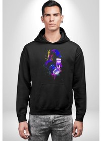 Resim Gamer Oyuncu Kulaklığı Renkli Kadın Erkek Siyah Kapüşonlu Sweatshirt Hoodie Siyah 