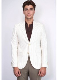Resim Ekru Çizgili Keten Dokulu Gold Renk Metal Düğmeli Slim Fit Erkek Blazer Ceket Wessi Beige 