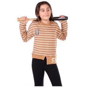Resim Toontoy Kız Çocuk Çizgili Striped Baskılı Sweatshirt Kahverengi 