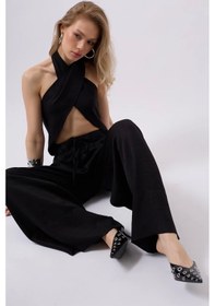 Resim Düşük Bel Oversize Keten Pantolon Siyah 
