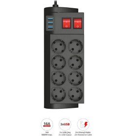 Resim Markafox Termal Akım Korumalı USB 2.1A Şarj Çıkışlı 8’li Uzatma Prizi - 2 Metre 16A 4000W Güç Dağıtıcı Grup Priz 3411 