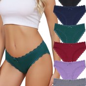 Resim 6 adet Kadın Dantel Detaylı Bikini Külotu - Beyaz, Siyah, Deniz, Yeşil, Kırmızı, Mor ve Gri Renklerde Şık Çizgili Tasarım, Rahat Nefes Alabilen Kumaş, Günlük Giyim İçin, İç Çamaşırı Bikini Seti, Konforlu İç Çamaşırı, Dantel Detaylı, Dayanıklı Kumaş 