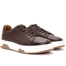 Resim Erkek Kahverengi Bağcıklı Kalın Tabanlı Deri Sneaker - Kahverengi / 4 