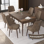 Resim Canisa Concept Nex Serisi Barok Ahşap Desen 80 x 132 cm Mdf Mutfak Masası Takımı Metal Iskelet 6 Sandalye Gümüş Halka 