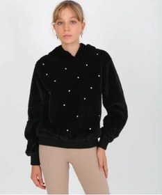 Resim Kız Çocuk Taşlı Peluş Kapüşonlu Sweatshirt-14827 Siyah 