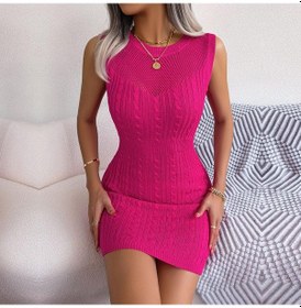 Resim Kadın İlkbahar Yaz Boyundan Bağlamalı Hollow Yüksek Bel Örgü Wrap Kalça Düz Renk Elbise Gül Kırmızı 