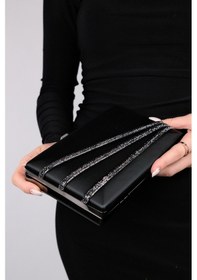 Resim Luvishoes Luvi Shoes Debon Siyah Saten Platin Şerit Taşlı Kadın Abiye Çanta Siyah 