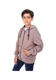 Resim Toontoy Kids Toontoy Erkek Çocuk Kapüşonlu Fermuarlı Cepli Düşük Omuz Baskılı Örme Hırka - 3 İplik Şardonsuz Kahve 
