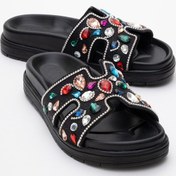 Resim Brave Siyah Hakiki Deri Renkli Taşlı Kadın Terlik Siyah 