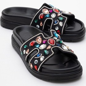 Resim Brave Siyah Hakiki Deri Renkli Taşlı Kadın Terlik Siyah 