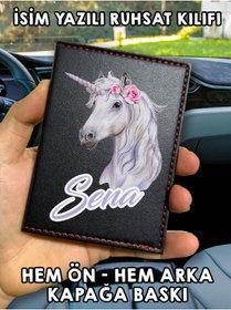 Resim senada Unicorn Ön Arka Baskılı Oto Araç Ruhsat Kabı Kartlık Deri İsim Yazılı Kişiye Özel Cüzdan 