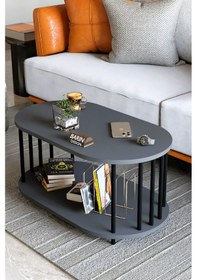 Resim Modern Oval Orta Sehpa Çift Katlı Metal Ayaklı Salon, Ofis, Dekoratif Sehpa, Kahve Sehpası Antrasit 