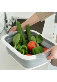 Resim Katlanabilir Süzgeçli Kesme Tahtası Ve Badya Gri Beyaz 